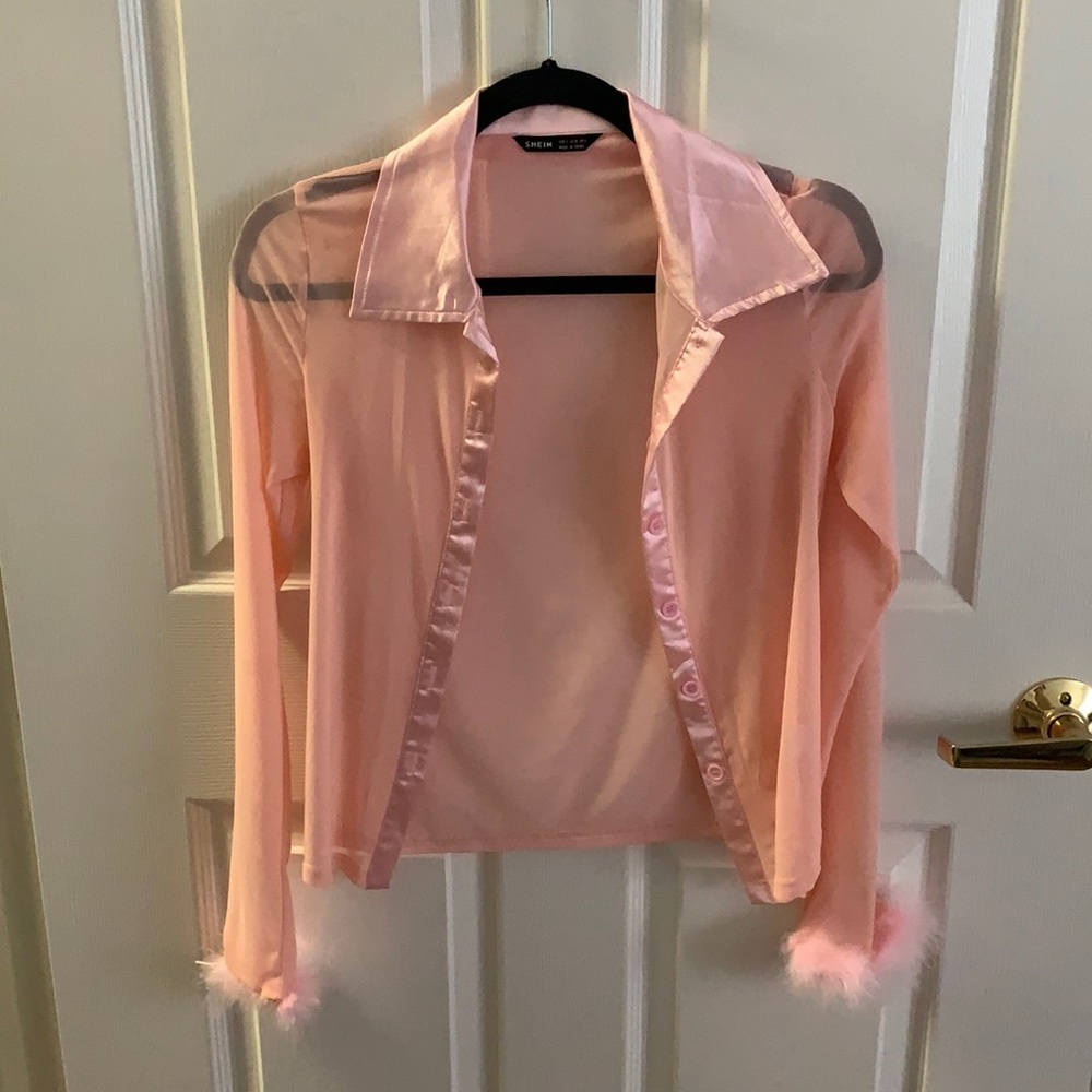 Sheer Pink Button Up w Satin Collar & Fringe Cuffs